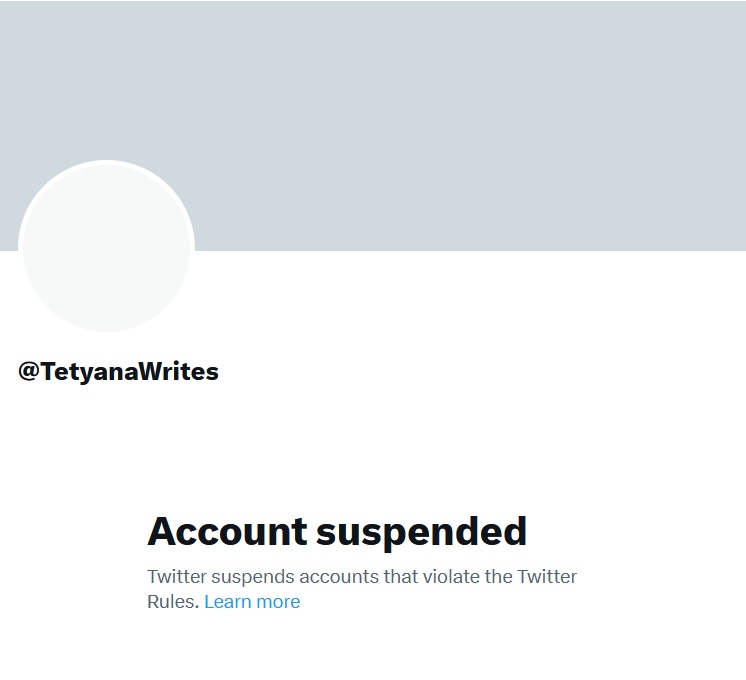 Tetjanas Dendordas bloķētais konts @TetyanaWrites tviterī