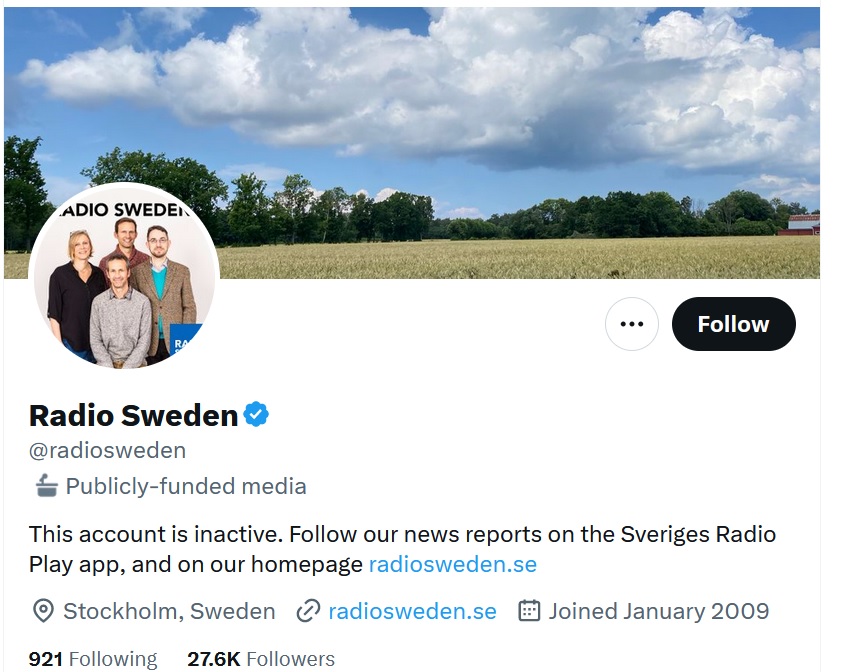 Zviedrijas sabiedriskais radio apturējis savu darbību tviterī