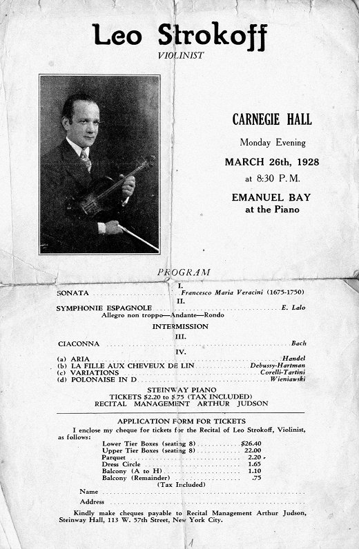 Leo Strokofa koncerta Ņujorkas Kārnegi zālē 1928. gadā afiša ar vijolnieka foto