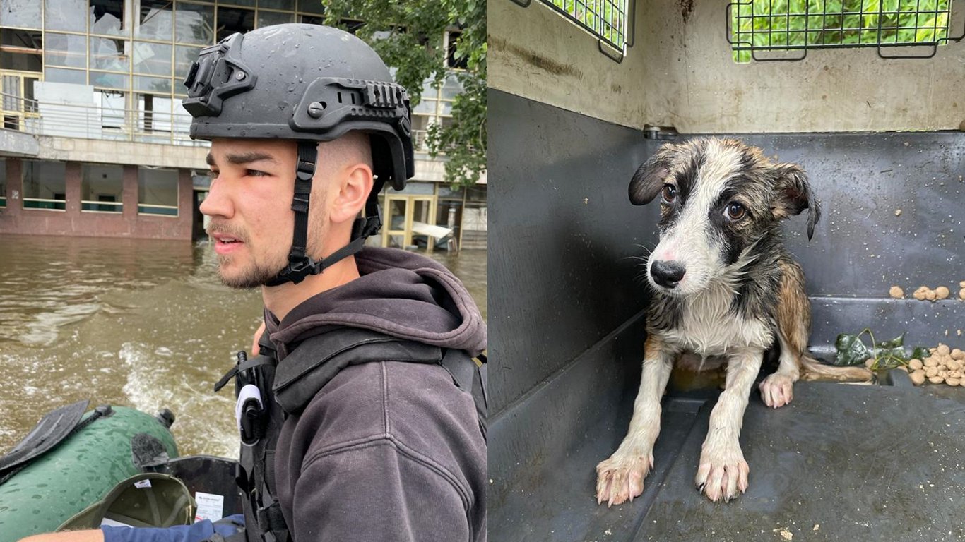 Vācu brīvprātīgais Janeks Borgers Ukrainā un izglābtais suns. 2023.gada jūnijs.