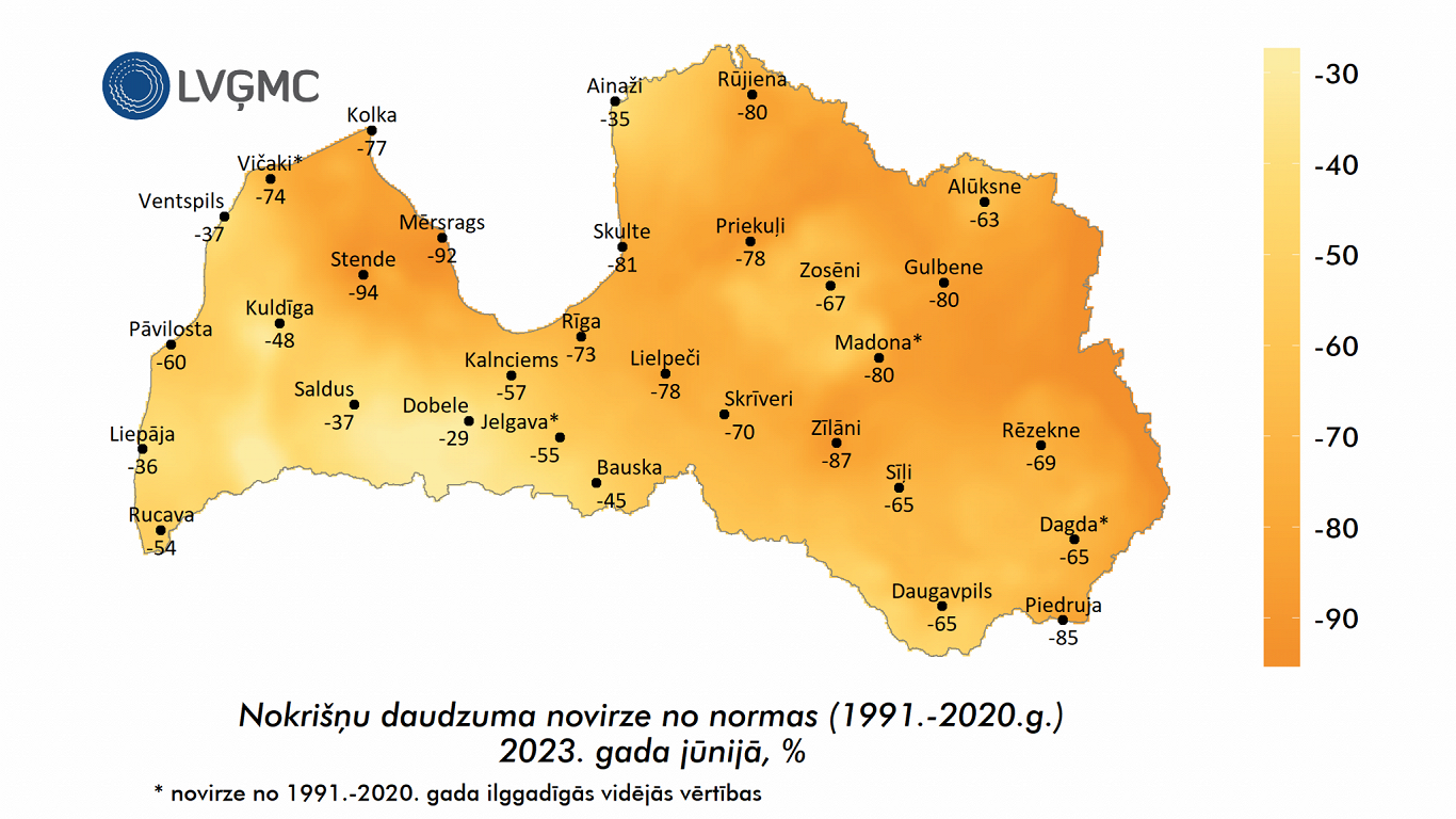 Dry June 2023 in Latvia: % of average precipitation