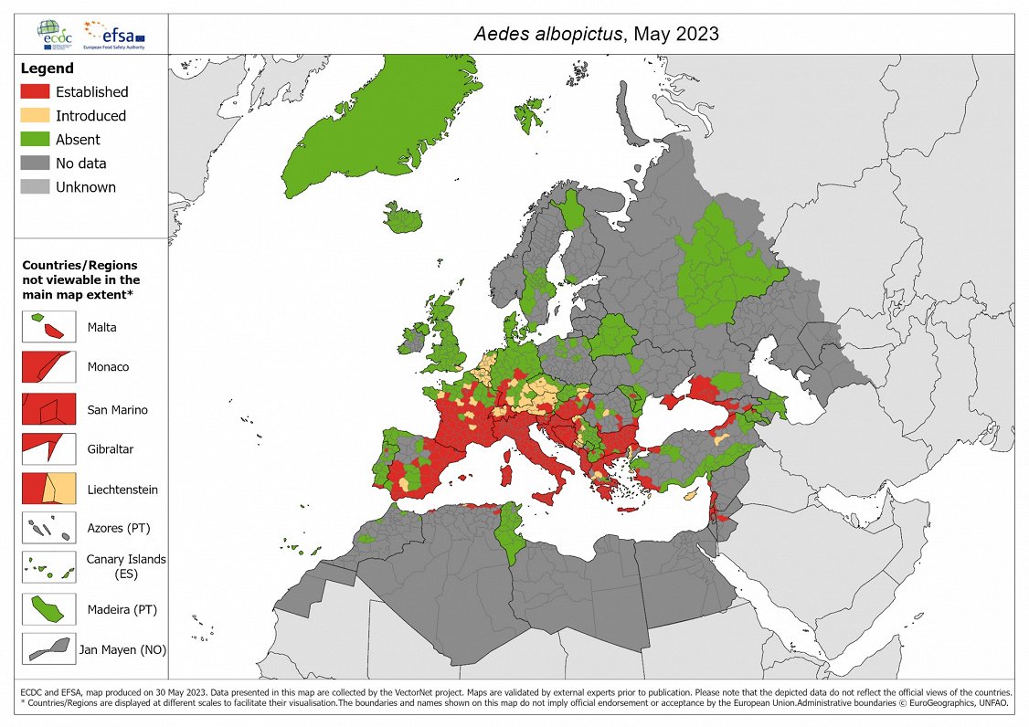 Āzijas tīģermoskīta izplatība Eiropā, 2023. gada maijā