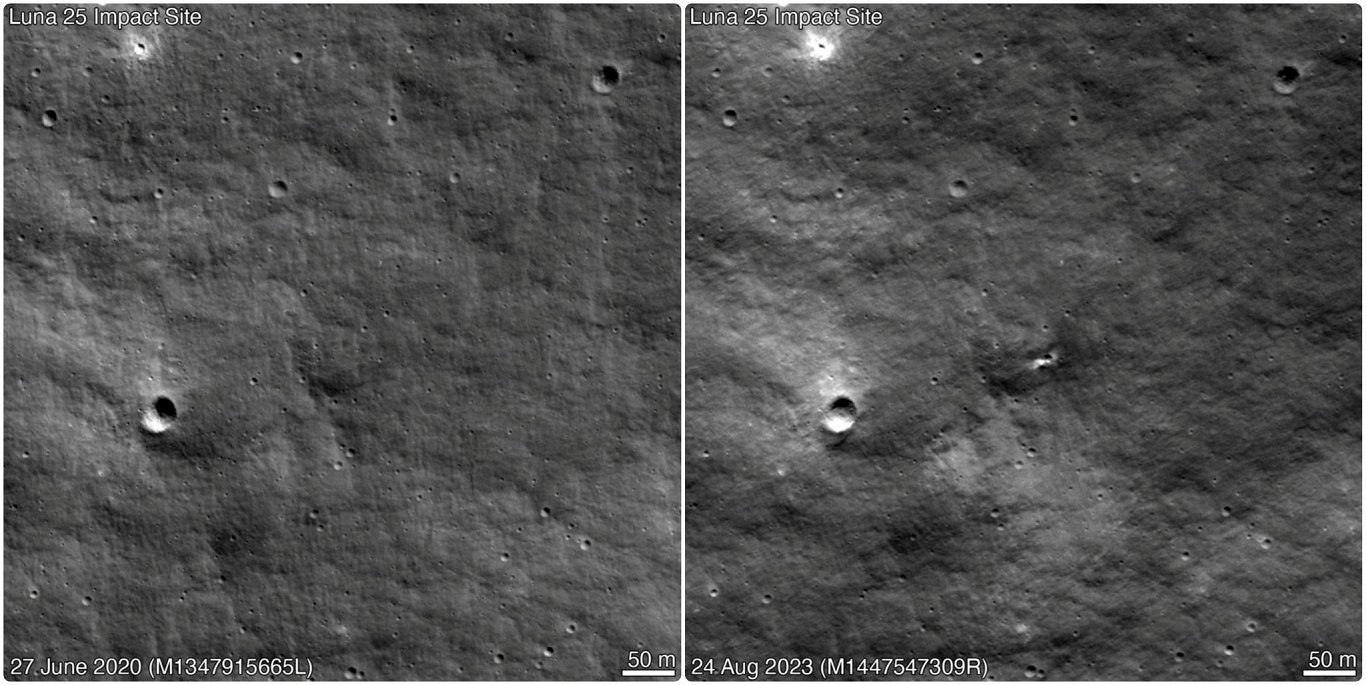 Attēli ar Mēness virsmu pirms un pēc Krievijas kosmosa zondes ietriekšanās