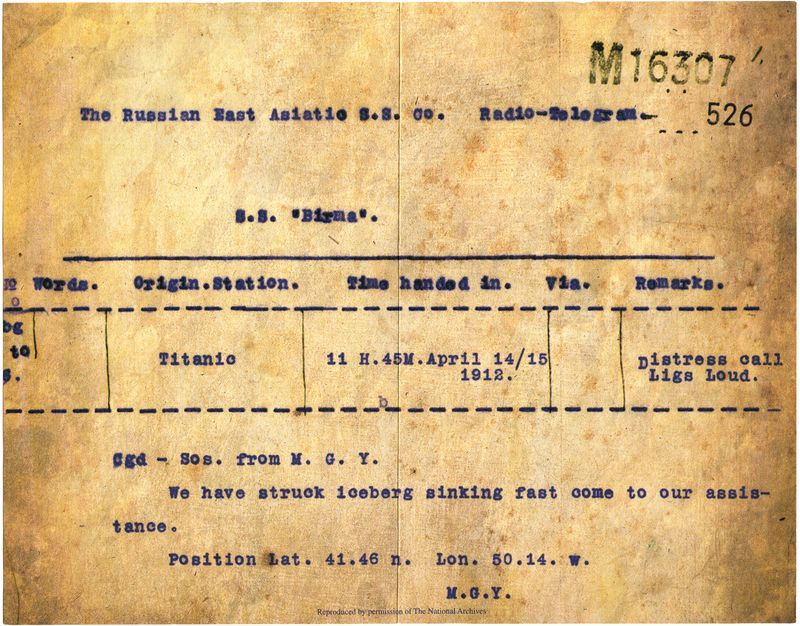 Pasažieru lainera “Titāniks” nosūtītās radiotelegrammas atšifrējums, 1912. gada 14. aprīlis.