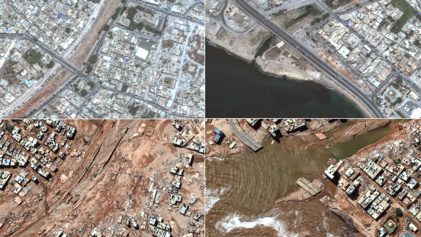 Izpostītā Dernas pilsēta Lībijā pirms un pēc plūdiem