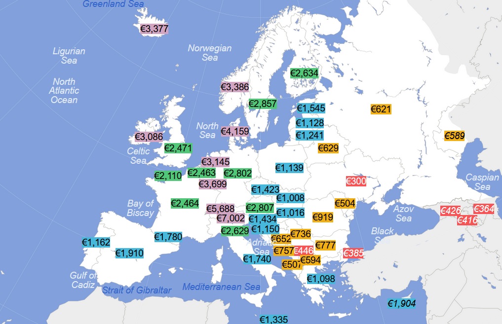 Vidējā alga Eiropas valstīs (uz rokas)