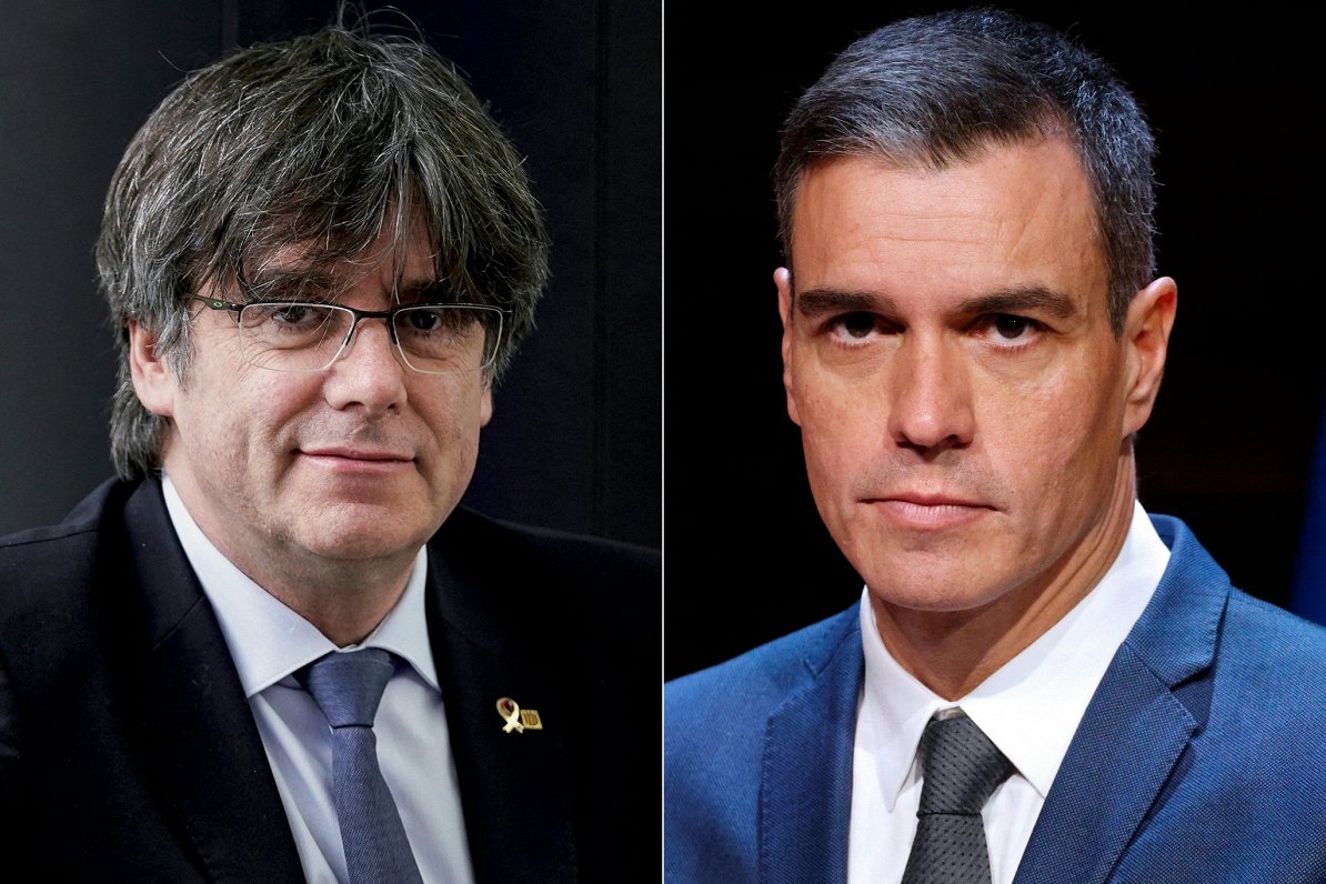 Katalonijas separātistu un politiskā spēka  JxCat līderis Karless Pudždemons un Spānijas premjermini...