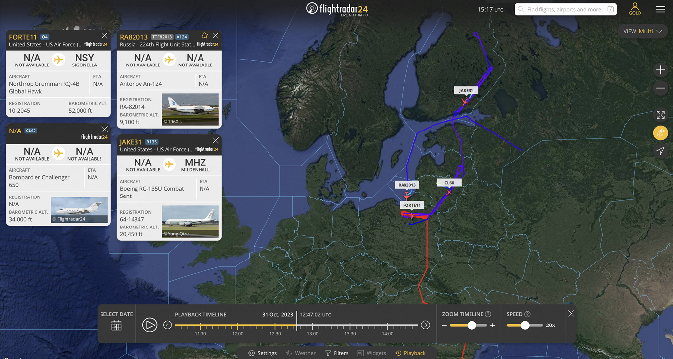 Krievijas transporta lidmašīna &quot;AN-124&quot; un NATO novērošanas gaisa kuģi