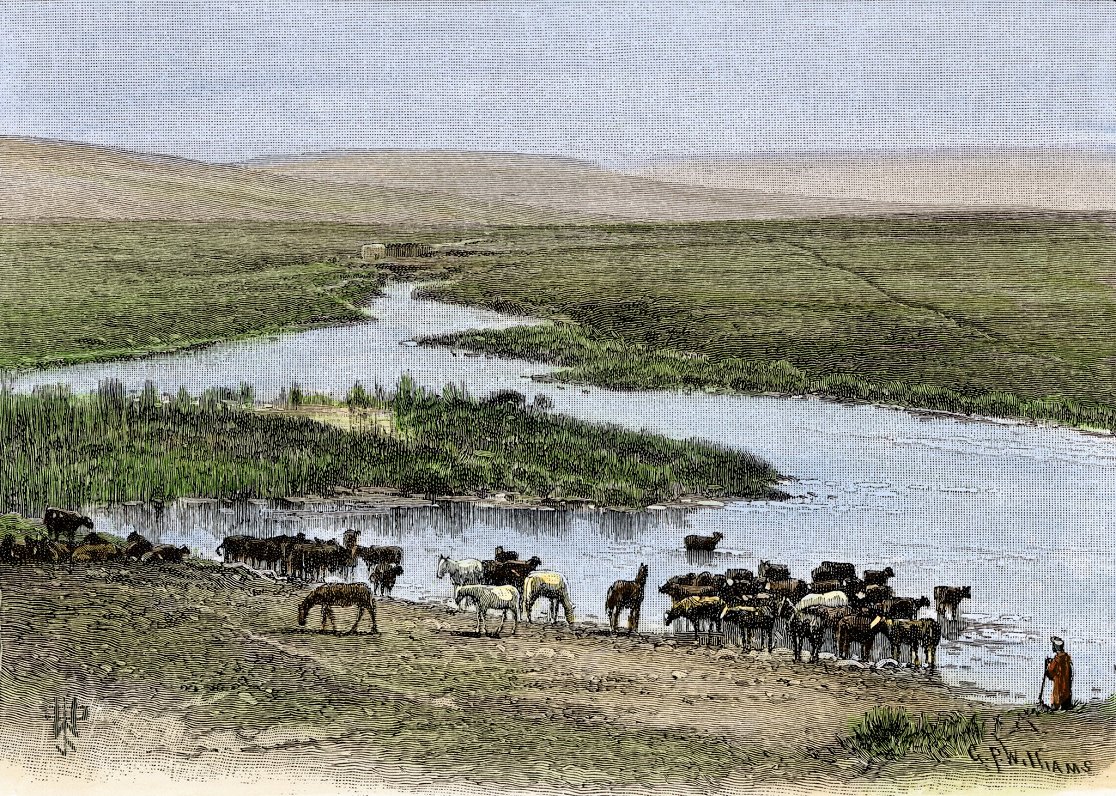 Gans ar lopiem pie Jordānas upes. 19. gadsimta ilustrācija