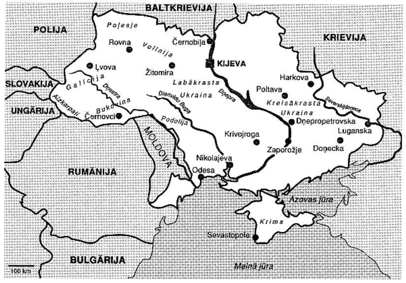 Ukrainas teritorijas karte no Dainas Bleieres grāmatas &quot;Ukraina - Eiropas valsts&quot;