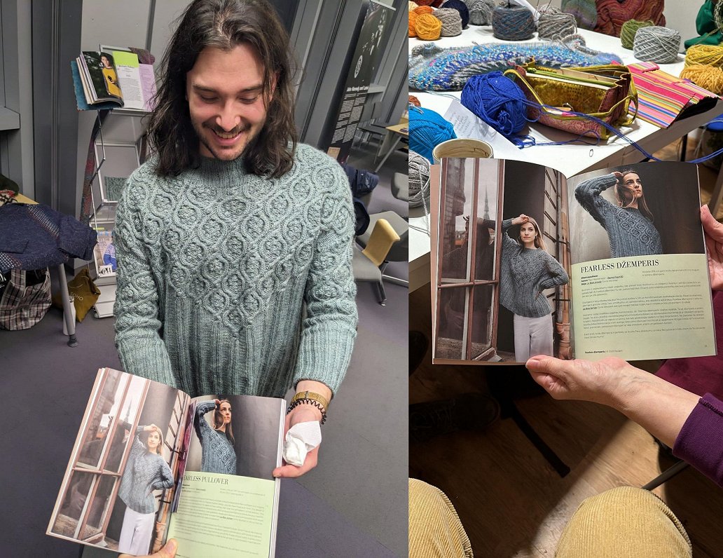 Pols ar Latvijā izdoto žurnālu &quot;Radåm&quot;, kur publicēts viņa veidots džempera raksts.
