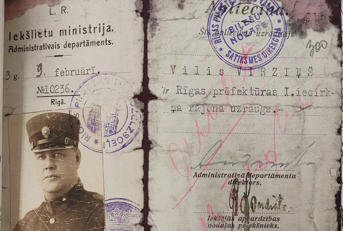 Rīgas prefektūras 1. rajona uzrauga V. Virziņa dienesta apliecība, 1933. gads.