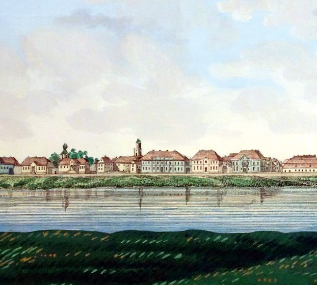Jelgavas panorāmas fragments ar skatu uz Upes ielu, 1833. Kolorēta litogrāfija.