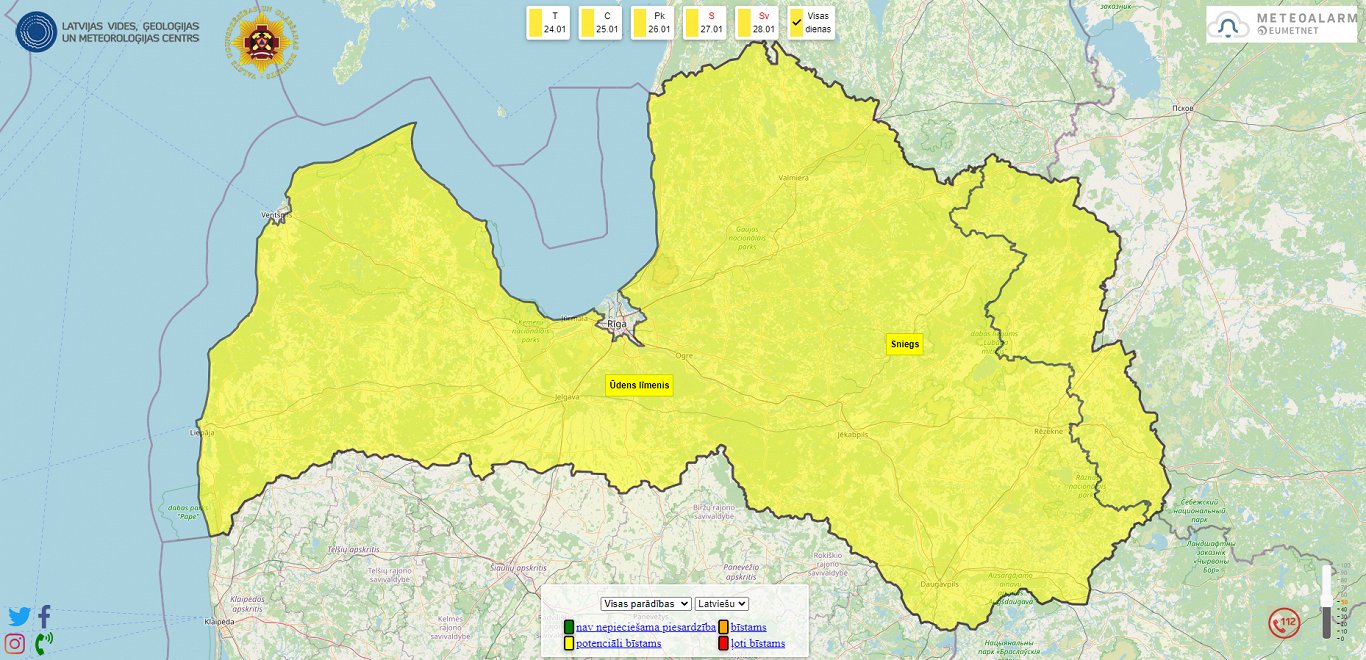 Dzeltenais sniega brīdinājums Latvijas austrumos