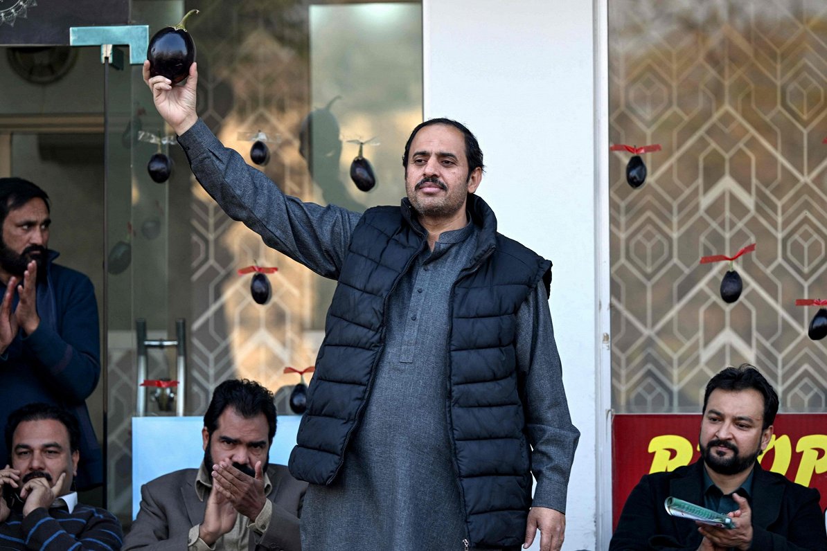 Pakistānas parlamenta vēlēšanu kandidāts Amirs Mugāls ar viņam piešķirto simbolu - baklažānu