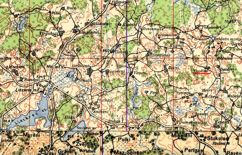 Latvijas armijas karte, kurā redzamas Liezēres Ozoliņu mājas, 1920.–1940. gadi.