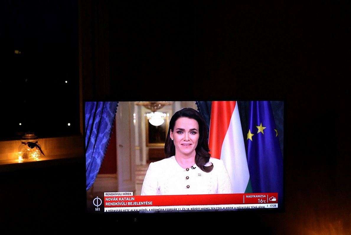 Ungārijas prezidente Katalina Novāka TV uzrunā paziņoja par atkāpšanos, 10.02.2024.
