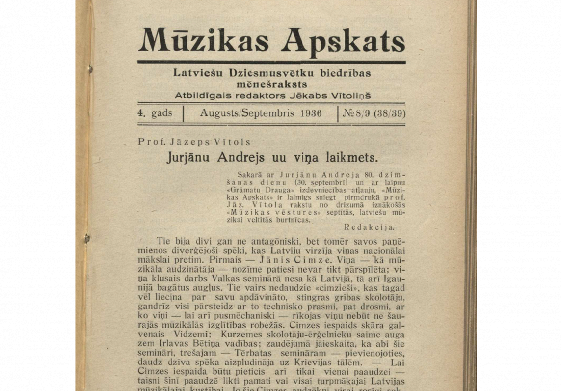 Jāzepa Vītola raksts par pirmās nacionālās kustības laiku Latvijas mūzikas vēsturē. Mēnešraksts Mūzi...