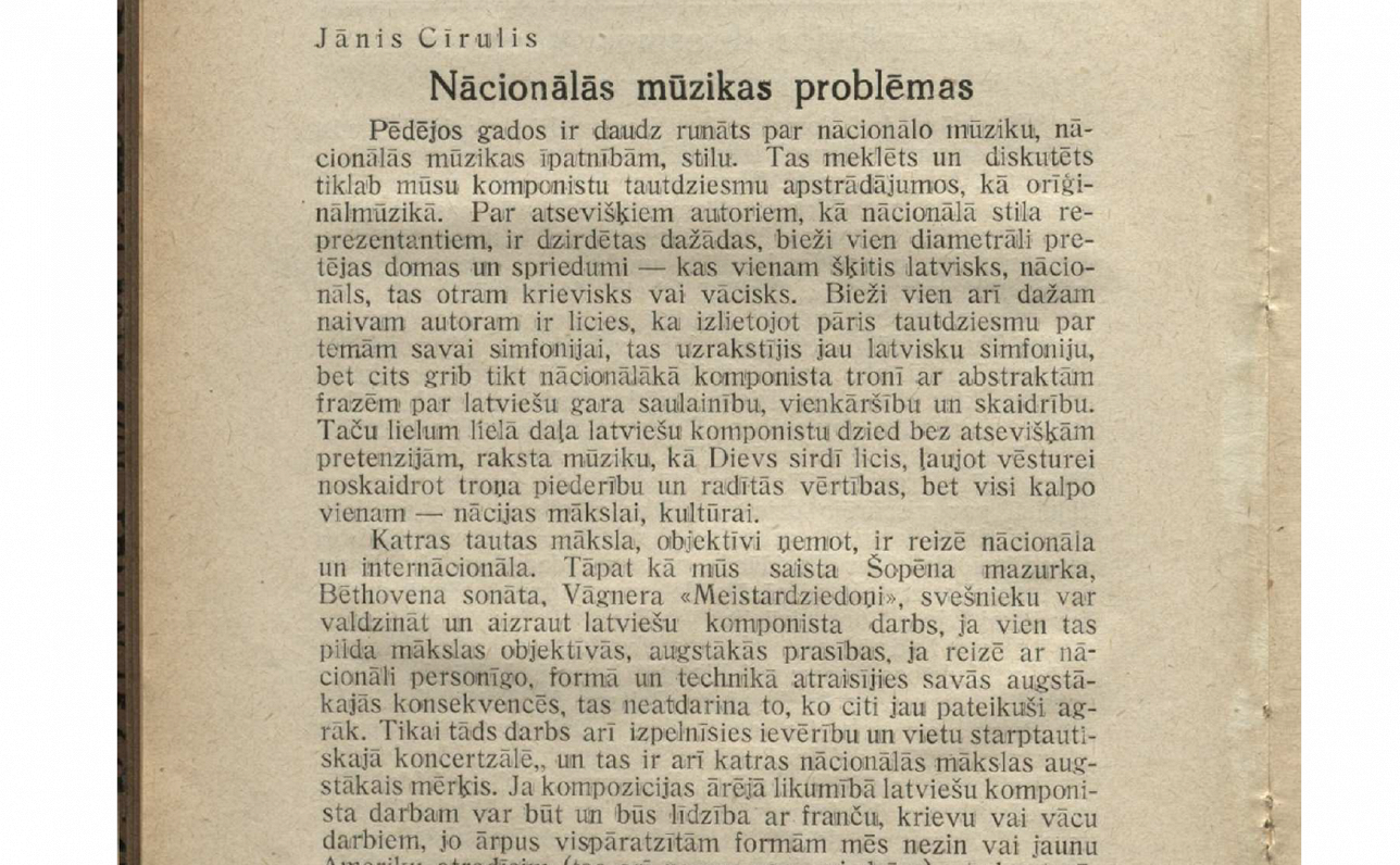 Komponista un mūzikas kritiķa Jāņa Cīruļa apcere mēnešrakstā Mūzikas Apskats, Nr. 1, 01.01.1935.
