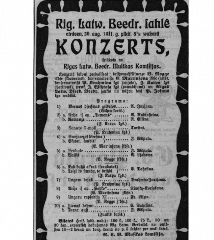 Rīgas Latviešu biedrības Mūzikas komisijas rīkota koncerta sludinājums. Rīgas Avīze, 27.08.1911.