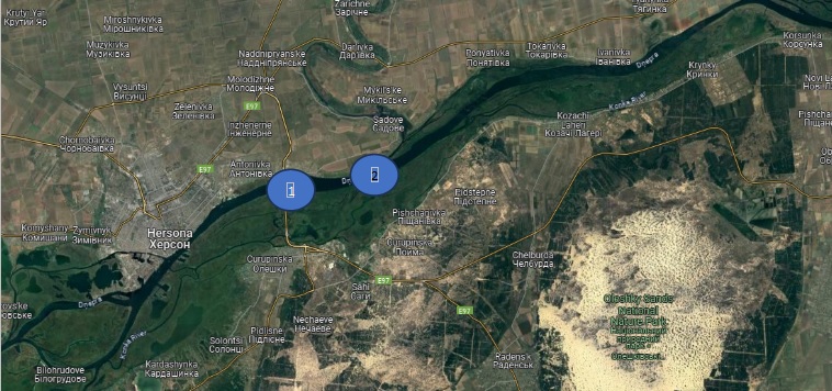 Antonivkas (1) un dzelzceļa (2) tiltu atrašanās vieta kartē