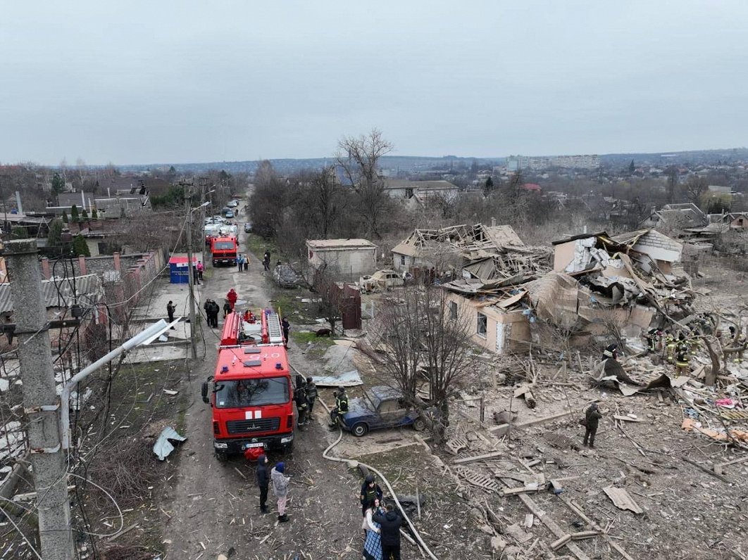 Вид с дрона на последствия ракетного обстрела. Украина, Запорожье, 22.03.2024.