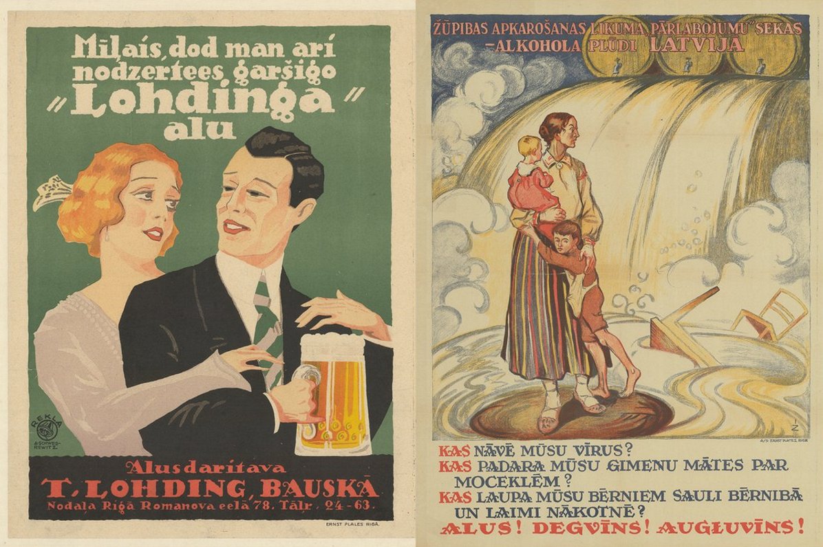 (Pa kreisi) Alus reklāma, 20. gadsimta 30. gadi. Autors: Alfrēds Šfedrēvics. Pretalkohola plakāts, 2...