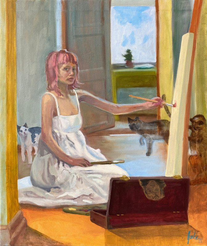 Alise Gaile Pašportrets mājās. 2023 augekls, eļļa. 100 x 86 cm
