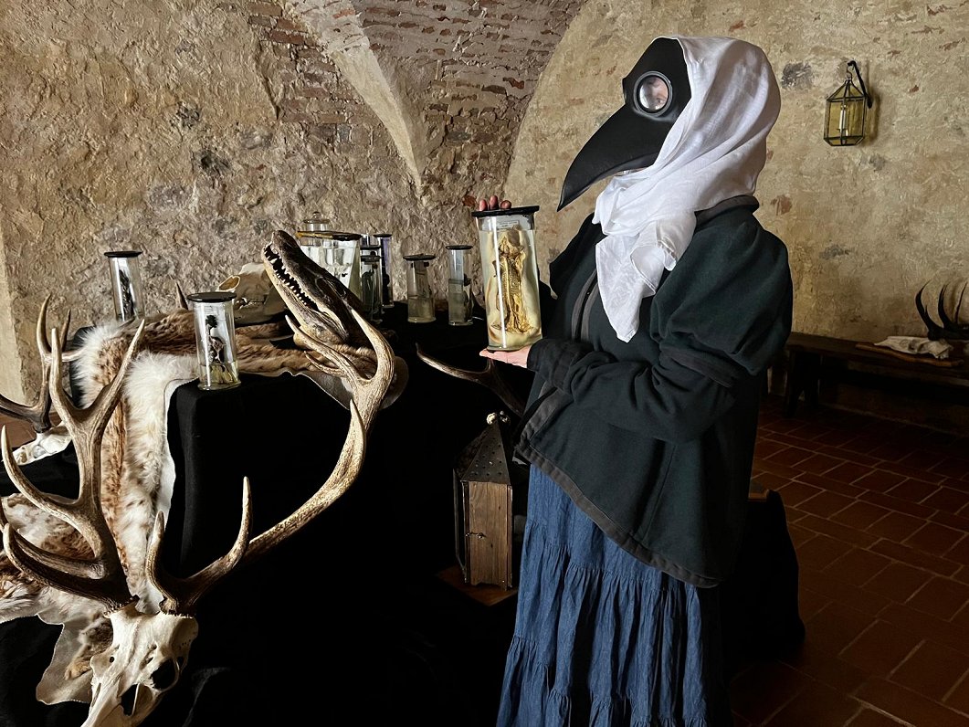 Muzejpedagoģe Ilona Ozola viduslaiku mēra maskā Bauskas pilī.