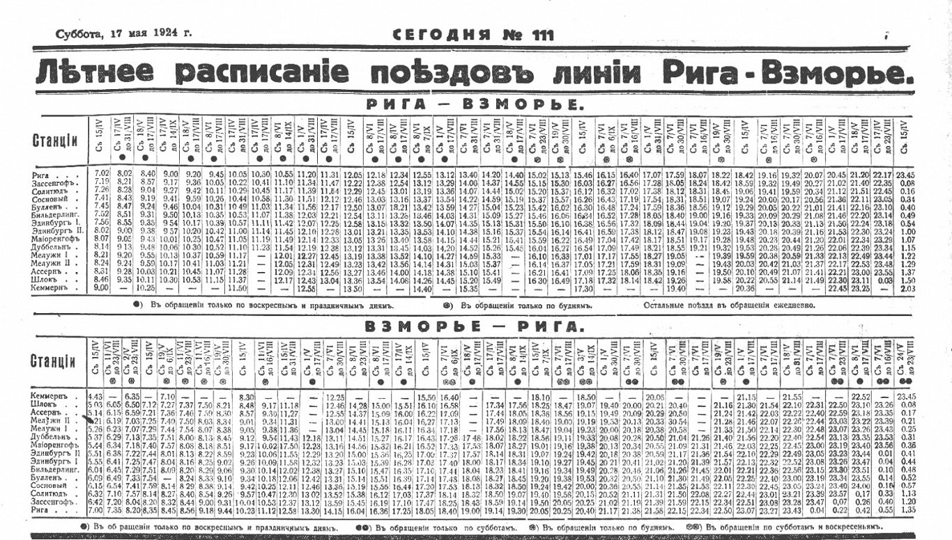 Летнее расписание поездов на Взморье, «Сегодня», 17 мая 1924 года. Оригинал на сайте Национальной би...