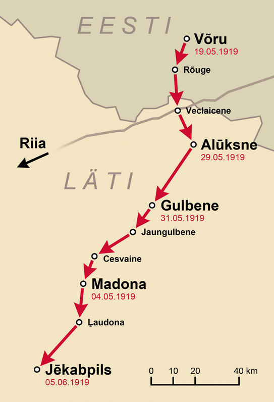 Route taken during the Marienburg-Jakobstadt operation, May-June 1919.
