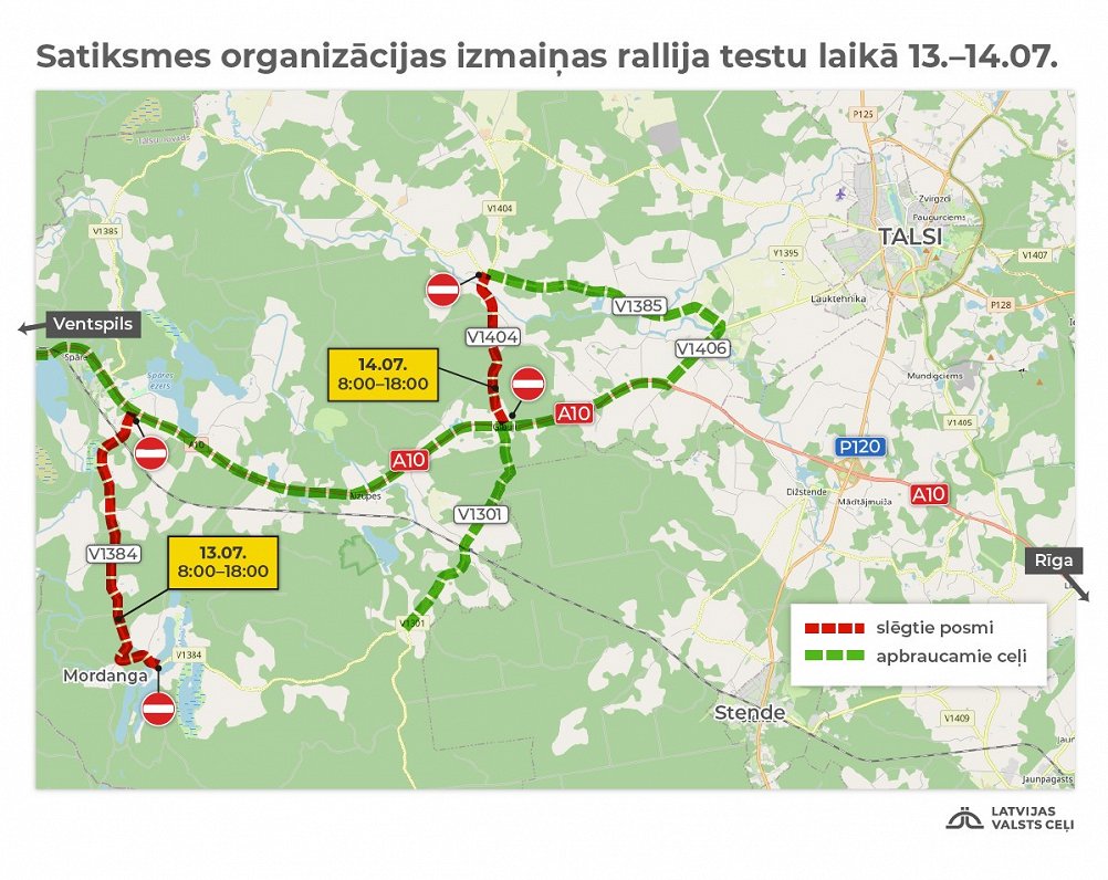 Slēgto posmu un apbraucamo ceļu karte