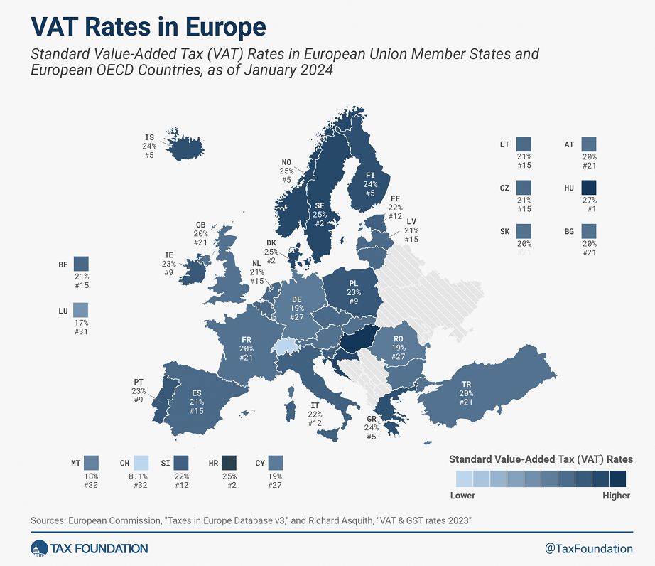 VAT rates in Europe, January 2024