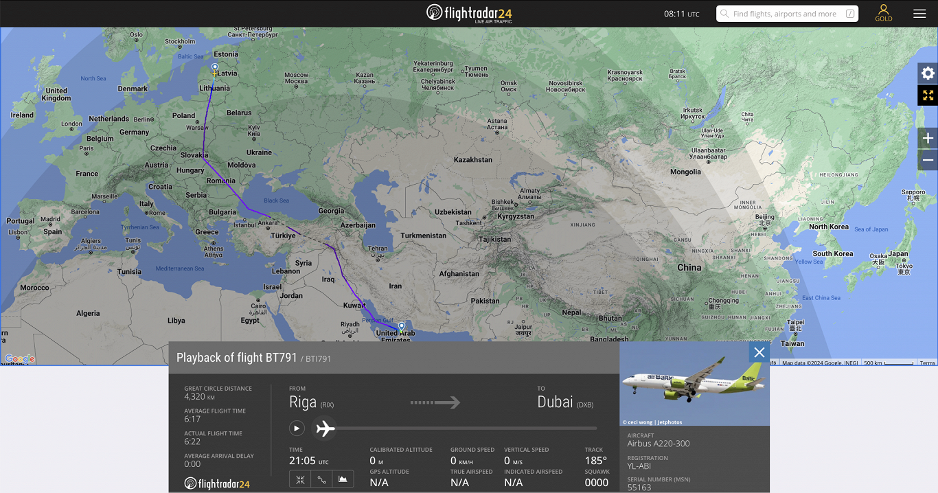 Reisa &quot;BT791&quot; Rīga-Dubaija lidojuma maršruts, izmantojot Irākas gaisa telpu