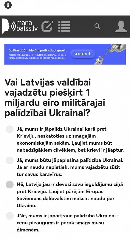 Ekrānuzņēmums ar viltus &quot;Manabalss.lv&quot; lapu