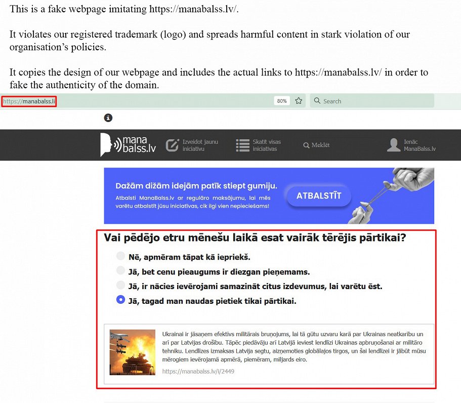 Ekrānuzņēmums ar viltus &quot;Manabalss.lv&quot; lapu