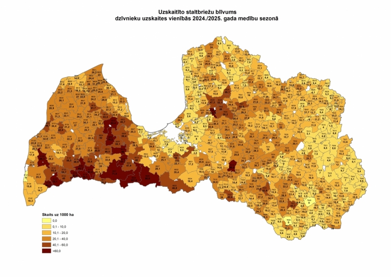 Red deer population density in Latvia, 2024