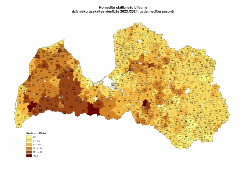 Nomedīto staltbriežu blīvums dzīvnieku uzskaites vienībās 2023./2024. gada medību sezonā