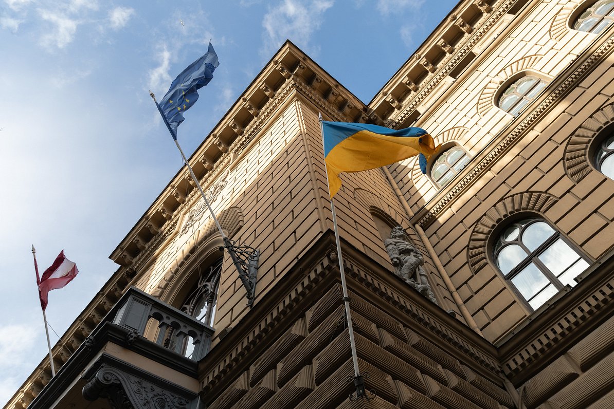 Flags of Latvia, EU and Ukraine at Saeima building