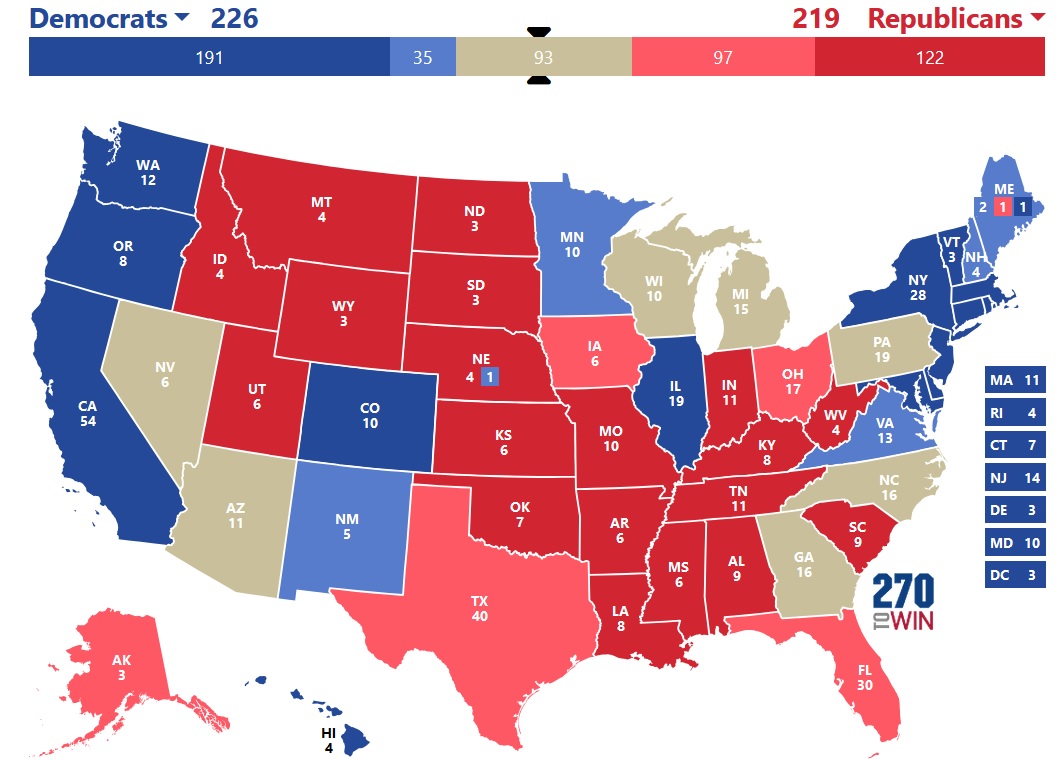 Iespējamais balsu sadalījums Elektoru kolēģijā saskaņā ar portāla &quot;270toWin&quot; prognozēm